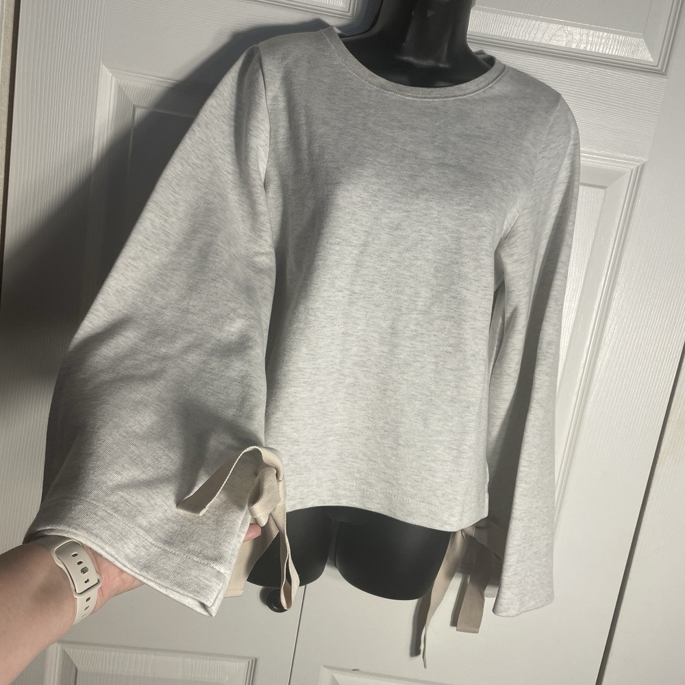 J Crew Sweatshirt Women S Light Gray Ribbon Bow Flared Sleeve Crew Neck Pullover